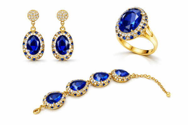 طقم مجوهرات فاخر يضم أقراطًا وخاتمًا وسوارًا بحجر بيضاوي أزرق محاط بكريستالات لامعة وإطار ذهبي أنيق.