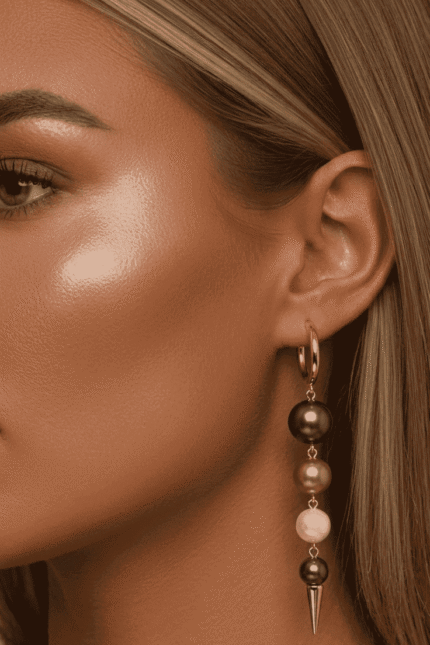 أقراط نسائية أنيقة بتصميم انسيابي تجمع بين لؤلؤتين بتفاصيل ذهبية ناعمة