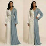 جلابية فاخرة بتصميم نصفين بلون الزيتون ملكي وعاجي مع تطريز كريستالي أنيق