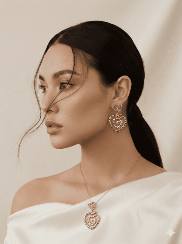 طقم مجوهرات ذهبي بتصميم قلوب متداخلة يتكون من عقد وأقراط أنيقة