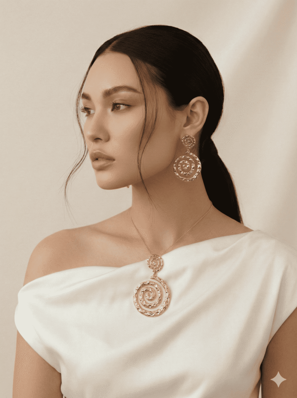 طقم مجوهرات ذهبي بتصميم حلزوني أنيق يتكون من عقد وأقراط متناسقة