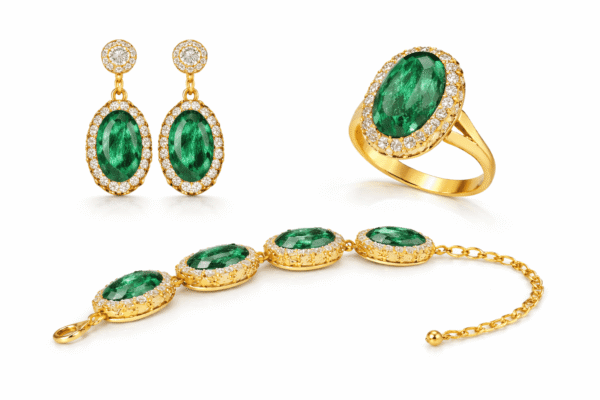 طقم مجوهرات فاخر يضم أقراطًا وخاتمًا وسوارًا بحجر بيضاوي أخضر محاط بكريستالات لامعة وإطار ذهبي أنيق.