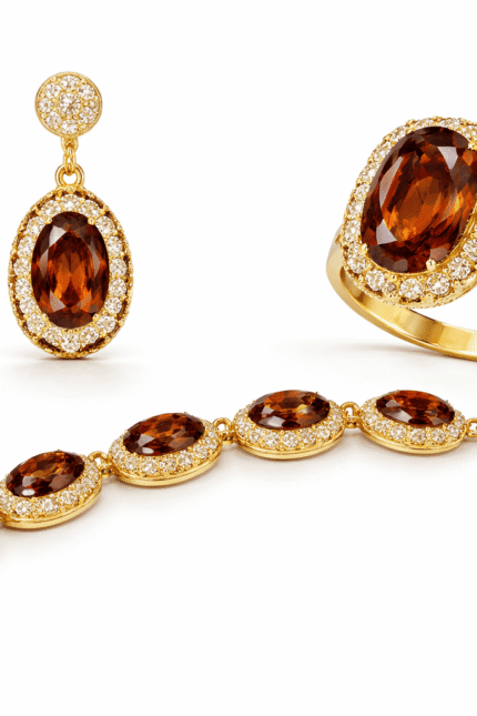 طقم مجوهرات فاخر يضم أقراطًا وخاتمًا وسوارًا بحجر بيضاوي عسلي محاط بكريستالات لامعة وإطار ذهبي أنيق.