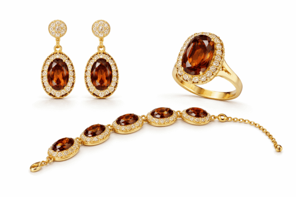 طقم مجوهرات فاخر يضم أقراطًا وخاتمًا وسوارًا بحجر بيضاوي عسلي محاط بكريستالات لامعة وإطار ذهبي أنيق.