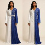 جلابية فاخرة بتصميم نصفين بلون ازرق ملكي وعاجي مع تطريز كريستالي أنيق