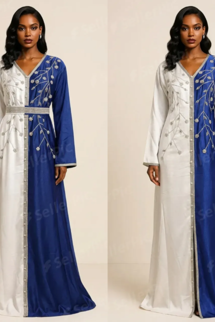 جلابية فاخرة بتصميم نصفين بلون ازرق ملكي وعاجي مع تطريز كريستالي أنيق