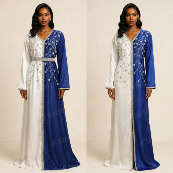 جلابية فاخرة بتصميم نصفين بلون ازرق ملكي وعاجي مع تطريز كريستالي أنيق