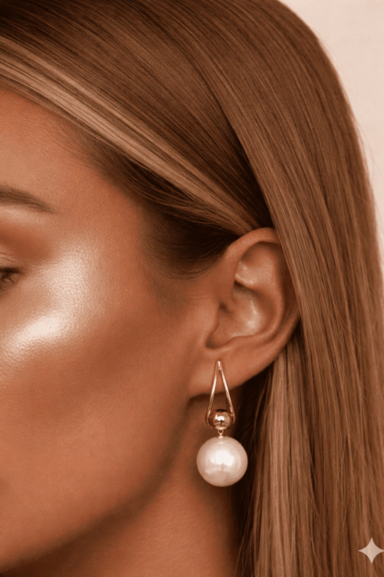 أقراط نسائية أنيقة بتصميم انسيابي تجمع بين لؤلؤتين بتفاصيل ذهبية ناعمة