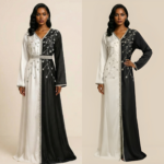 جلابية فاخرة بتصميم نصفين بلون الاسود الملكي وعاجي مع تطريز كريستالي أنيق