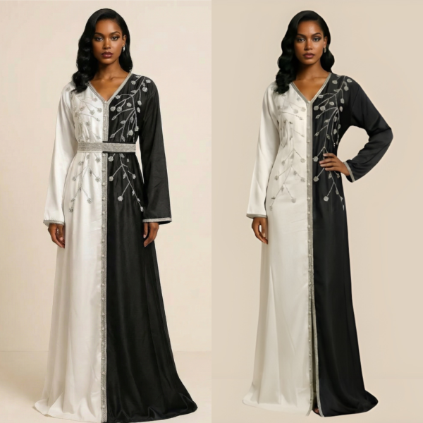 جلابية فاخرة بتصميم نصفين بلون الاسود الملكي وعاجي مع تطريز كريستالي أنيق