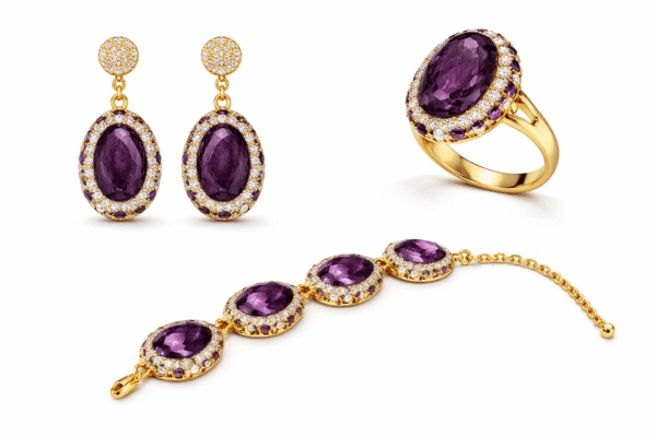 طقم مجوهرات فاخر يضم أقراطًا وخاتمًا وسوارًا بحجر بيضاوي قرمزي محاط بكريستالات لامعة وإطار ذهبي أنيق.