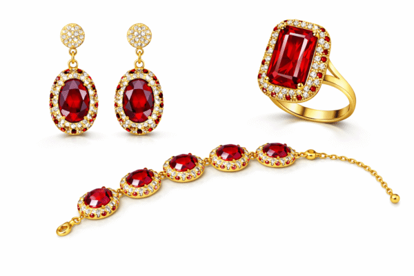 طقم مجوهرات فاخر يضم أقراطًا وخاتمًا وسوارًا بحجر بيضاوي أحمر محاط بكريستالات لامعة وإطار ذهبي أنيق.