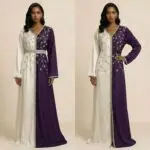 جلابية فاخرة بتصميم نصفين بلون بنفسجي ملكي وعاجي مع تطريز كريستالي أنيق