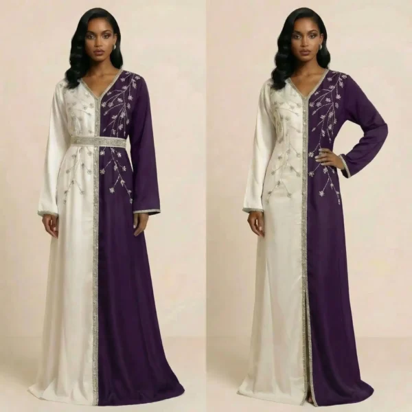 جلابية فاخرة بتصميم نصفين بلون بنفسجي ملكي وعاجي مع تطريز كريستالي أنيق