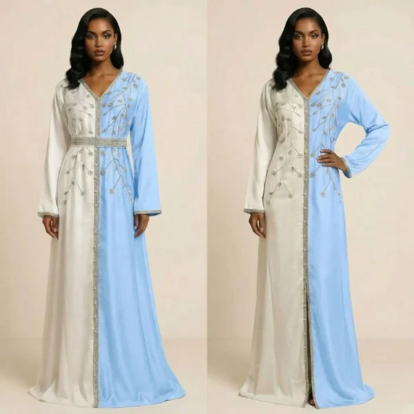 جلابية فاخرة بتصميم نصفين بلون ازرق سماوي وعاجي مع تطريز كريستالي أنيق