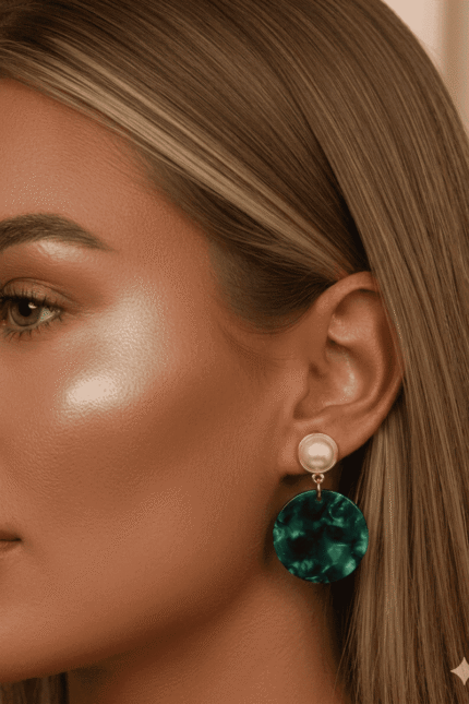 أقراط نسائية أنيقة تجمع بين لؤلؤة كلاسيكية وحجر دائري بلون الزمرد الأخضر